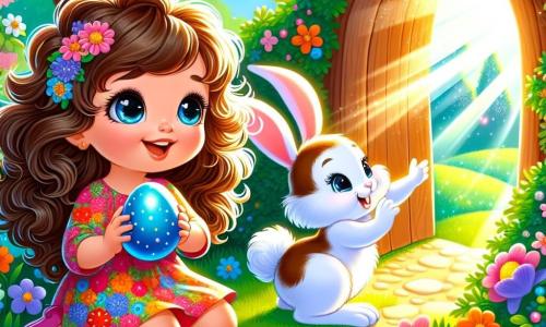 Une petite fille de 2 ans, Mia, avec de grands yeux brillants et des cheveux bouclés châtains, porte une robe colorée à fleurs. Elle est accroupie dans un jardin ensoleillé, tenant un œuf bleu. À côté d'elle, un petit lapin aux grandes oreilles, avec un pelage blanc et des taches brunes, sourit joyeusement, pointant vers une porte magique cachée derrière un grand arbre. Le jardin est rempli de fleurs éclatantes et de papillons, créant une atmosphère festive. Mia découvre un monde magique derrière la porte, émerveillée par les œufs colorés qui brillent au soleil, tandis que le lapin l'encourage à explorer ce nouvel endroit enchanté.