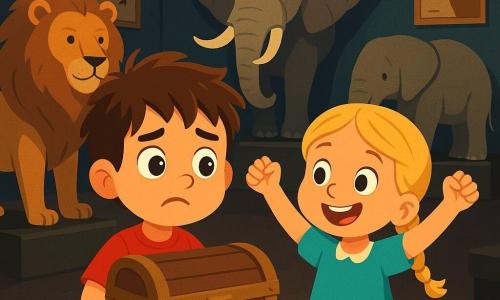Un petit garçon de 4 ans, Miralem, aux cheveux bruns en bataille et aux grands yeux curieux, se tient dans une salle sombre du musée zoologique, inquiet mais déterminé, les mains serrées autour d'un coffre ancien. À ses côtés, Charlie, une petite fille de 4 ans avec des cheveux blonds tressés et un sourire espiègle, l'encourage avec enthousiasme. La salle est remplie d'animaux empaillés, créant une ambiance mystérieuse. Miralem et Charlie, pleins d'excitation, viennent de découvrir un coffre mystérieux et sont prêts à ouvrir le trésor caché.