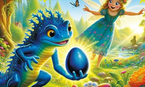 Au centre de l'image, Tiburce, un jeune triton aux écailles bleu vif, sourit émerveillé en découvrant un œuf bleu intense sous un buisson fleuri. À ses côtés, une petite fée aux ailes scintillantes et vêtue de pétales de fleurs vole joyeusement, l'invitant à explorer l'œuf. En arrière-plan, un parc enchanté est rempli de fleurs colorées, de papillons et d'un vieux chêne majestueux. La lumière du soleil crée une atmosphère magique. Tiburce tient l'œuf brillant, encouragé par la fée à découvrir son secret.