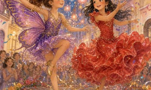 Deux filles d’environ 9 ans dansent côte à côte sur un char fleuri dans une ruelle pavée la nuit : Léa, cheveux bruns bouclés en queue, costume de papillon violet et or aux ailes chatoyantes et chaussures dorées, à gauche ; Camille, cheveux noirs lisses avec une fleur rouge, robe rouge de danseuse de flamenco qui tournoie, à droite, souriante et attrapant des confettis. Des lampions en papier et guirlandes multicolores illuminent des façades pastel, des confettis et rubans flottent, la foule floue applaudit, ambiance joyeuse et magique, palette chaude avec scintillements argentés.