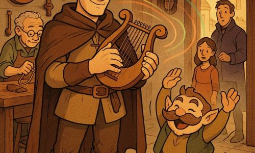Soren, grand et chaleureux malgré un visage sérieux, joue une lyre en bois réparée contre sa poitrine au centre d’un atelier de luthier chaleureux — poutres sombres, murs couverts d’instruments suspendus et établi usé, lumière dorée entrant par une grande fenêtre sur une place pavée — tandis que des ondes colorées et douces de sa musique se répandent vers l’extérieur et font sourire les passants; à ses côtés Pilo, petit farfadet rond aux oreilles pointues, danse joyeusement, Maître Liron, un homme d’environ 60 ans aux cheveux blancs et lunettes rondes, ajuste une corde à l’arrière-plan avec fierté, une fillette de 6–8 ans tient la main de sa mère à la fenêtre, émerveillée, et un homme en manteau violet observe la scène dans l’ombre, surpris et réservé; ambiance héroïque et réconfortante, couleurs chaudes, contrastes doux, traits arrondis, style bande dessinée tendre.