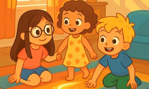 Il y a 3 personnages : Zoé, une fille de 6 ans aux longs cheveux bruns et lunettes rondes, portant un t-shirt rose et un short en jean, assise sur un tapis coloré, observant la lumière sur le sol ; Léo, un garçon de 5 ans avec des cheveux blonds en bataille et un grand sourire, habillé d'un t-shirt bleu et d'un pantalon vert, accroupi près de la lumière ; et Mila, une fille de 4 ans aux cheveux bouclés, en robe à fleurs, debout en tenant la main de Zoé, émerveillée par la lumière. L'action se déroule dans un salon lumineux d'une maison chaleureuse, avec un tapis doux aux couleurs vives et la lumière du soleil filtrant à travers une grande fenêtre. Les enfants suivent une piste de lumière sur le sol, manifestant joie et excitation, prêts pour une aventure magique.