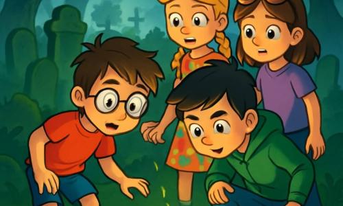 Quatre enfants se tiennent devant une trappe mystérieuse dans un vieux cimetière au sommet d'une colline. Tom, 10 ans, a des cheveux bruns en bataille et des lunettes rondes, portant un t-shirt rouge et un short bleu. Léa, 9 ans, avec des cheveux blonds tressés et une robe à fleurs, tient la main de Zoé, qui a des cheveux châtains et porte un t-shirt violet. Max, 10 ans, aux cheveux noirs et taches de rousseur, est en sweat à capuche vert. La trappe, ornée de motifs étranges et partiellement recouverte de feuilles, émet une lumière mystérieuse. Les enfants, fascinés et un peu effrayés, ressentent une ambiance d'aventure.