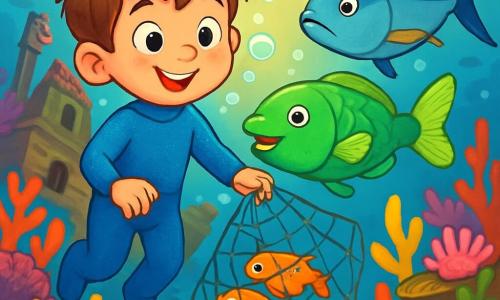 Un garçon de 6 ans, Léo, avec des cheveux bruns en bataille et des yeux curieux, porte une combinaison de plongée bleue qui scintille sous l'eau. Il sourit émerveillé, entouré de bulles d'air, tandis qu'il explore un monde sous-marin vibrant. À ses côtés, un poisson-perroquet vert le guide joyeusement. Un grand thon bleu observe la scène, prêt à aider. En arrière-plan, une épave ancienne recouverte d'anémones roses et de coquillages émerge d'un labyrinthe de corail coloré. Léo découvre l'épave tout en libérant des poissons pris dans un filet, entouré d'une lumière dorée filtrant à travers l'eau.