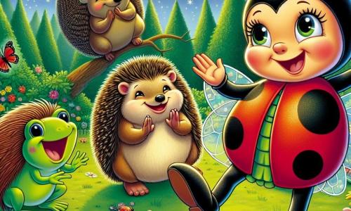 Une coccinelle nommée Lili, avec des ailes rouges à taches noires, danse dans une clairière illuminée par la lune, rayonnante de bonheur. À ses côtés, un hérisson nommé Hugo applaudit, tandis qu'une grenouille verte chante sur une feuille, ses yeux brillants de joie. La clairière, entourée d'arbres aux feuilles éclatantes et de fleurs colorées, crée une ambiance magique. Lili, Hugo et la grenouille participent à une fête secrète où tous les animaux du jardin se rassemblent pour partager rires et talents, dans une atmosphère de camaraderie.
