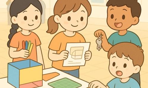 Dans un gymnase scolaire lumineux au sol en parquet, Lina (12 ans, visage rond, taches de rousseur, cheveux châtain en queue de cheval) est au centre, souriante et concentrée, tenant une notice illustrée et pointant une pièce en carton pendant qu’elle aide un élève (11–13 ans) assis, surpris mais heureux, qui tente de plier le carton ; à sa gauche Inès (12 ans, cheveux noirs en tresse, regard enthousiaste) tient des feutres colorés et une étiquette orange, à sa droite Yanis (12 ans, peau mate, cheveux courts) affiche une expression amusée en montrant un trousseau de clés retrouvé sur la table ; sur la table un organiseur en carton partiellement assemblé (bleu, jaune, rose), pinces à linge, tapis antidérapant vert, ciseaux à ressort, ruban adhésif, feutres épais et une pancarte « Testez ! » ; ambiance chaleureuse aux couleurs pastel saturées, formes douces, textures papier visibles, éclairage accueillant et décor avec banderoles et parents flous en arrière-plan.