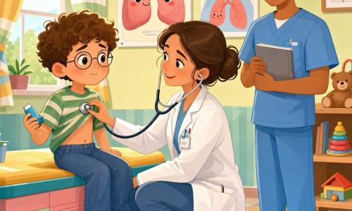 La docteure Lina, souriante et sereine, cheveux bruns en chignon et blouse blanche avec badge, s’agenouille pour poser doucement son stéthoscope sur la poitrine d’un garçon d’environ 8 ans — enfant asthmatique aux cheveux bouclés châtain clair et lunettes rondes, assis sur la table d’examen et tenant un petit inhalateur bleu, un peu inquiet mais rassuré — tandis que l’infirmier Malik, vingtenaire à la peau mate et coiffure courte, sourit et tient un carnet gris en retrait; la consultation pédiatrique est lumineuse et chaleureuse, murs pastel, affiches simples, étagères avec jouets et lumière douce, gestes calmes et formes arrondies.