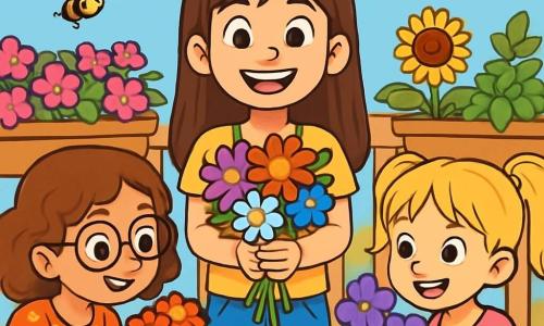 Il y a trois personnages : Lina, une fille de 9 ans avec de longs cheveux bruns, un t-shirt jaune et un short en jean, tenant un bouquet de fleurs colorées et souriante ; Zoé, également âgée de 9 ans, avec des cheveux bouclés châtains et des lunettes rondes, portant une robe à fleurs et observant son bouquet avec fierté ; et Maëlle, avec des cheveux blonds en couettes, un t-shirt rose et un legging noir, tenant un bouquet de pensées violettes, les yeux brillants d'excitation. La scène se déroule sur un balcon ensoleillé, orné de jardinières de fleurs éclatantes et d'un ciel bleu parsemé de nuages. Les trois amies créent des bouquets colorés, entourées de rires et d’enthousiasme, échangeant compliments et sourires sous le soleil.