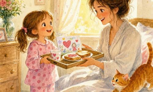 Une fillette de 6 ans, châtain clair en couettes, joyeuse, en pyjama à pois roses, apporte un plateau avec des tartines, un verre décoré et un dessin à sa mère ; la maman d'environ 32 ans, cheveux bruns ébouriffés, en robe de chambre claire, assise au lit, reçoit le plateau émue ; un chat roux joueur saute sur le lit ; la chambre, murs crème et lumière douce, présente un rideau léger et un buffet en bois clair avec un vase — scène chaleureuse et intime centrée sur l'échange du petit-déjeuner-surprise.