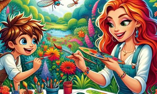 Margaux est une artiste aux cheveux flamboyants et aux yeux pétillants, concentrée et joyeuse en train de peindre sur une grande toile, entourée de pots de peinture éclatants. À ses côtés, un garçon de 8 ans aux cheveux en bataille l'observe avec émerveillement, prêt à peindre. Ils se trouvent dans un parc botanique luxuriant, avec des fleurs colorées, des arbres majestueux et un étang scintillant. Des libellules volent autour d'eux, ajoutant une touche de magie à la scène, tandis que Margaux peint un paysage vibrant et que le garçon admire son travail.