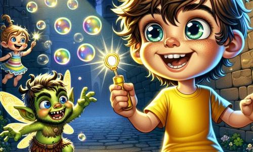 Un garçon de 8 ans nommé Max se tient au centre de la scène, avec des cheveux bruns en désordre et des yeux curieux. Il porte un t-shirt jaune et un short bleu, souriant en soufflant des bulles de savon illuminées par la lune. À sa droite, une petite fée nommée Lila, avec des ailes brillantes et des cheveux dorés, virevolte joyeusement autour de lui, vêtue d'une robe en pétales de fleurs. Près d'eux, un gobelin nommé Brutus, à la peau verte et aux oreilles pointues, saute pour attraper les bulles, affichant une expression de concentration malicieuse. La scène se déroule dans une ruelle animée, entourée de briques anciennes et éclairée par des lampadaires, où Max et Lila s'amusent à créer des bulles magiques, tandis que Brutus essaie de les attraper, rendant ce moment joyeux et plein de rires.