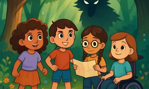 Quatre amies de 10 ans se tiennent courageusement dans une clairière enchantée. Lila, émerveillée, Ana, déterminée, Sofia, concentrée avec une carte, et Camille, dans son fauteuil roulant, rayonnent de sagesse. La scène se déroule dans une forêt dense, avec des arbres majestueux et des rayons de soleil illuminant des fleurs sauvages. Au loin, une ombre menaçante, celle d'un grand méchant loup, se dessine. Malgré leur peur, les filles se tiennent ensemble, prêtes à relever un défi pour prouver leur bravoure et découvrir les secrets de la forêt.