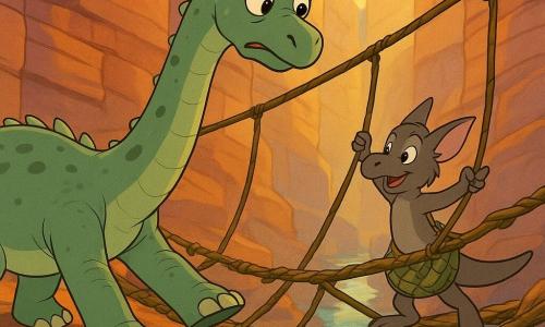 Un grand diplodocus nommé Lumo, au long cou sinueux, peau vert sauge tachetée et regard inquiet mais déterminé, avance prudemment sur un pont de lianes en tendant une patte massive; à l’écart, Silex, un petit dinosaure vif au museau pointu et pelage gris-brun avec une sacoche tressée, tient une liane et encourage Lumo en indiquant où poser la patte. Le canyon rocheux aux parois ocres et ardoise, éclairé par des rayons dorés filtrant, laisse entrevoir un filet d’eau en contrebas; le pont vibre légèrement, laissant passer des éclats de lumière. L’ambiance est chaleureuse et aventureuse, aux couleurs saturées et contours nets, style dessin animé années 90, composition centrée sur la traversée pour montrer courage et amitié.