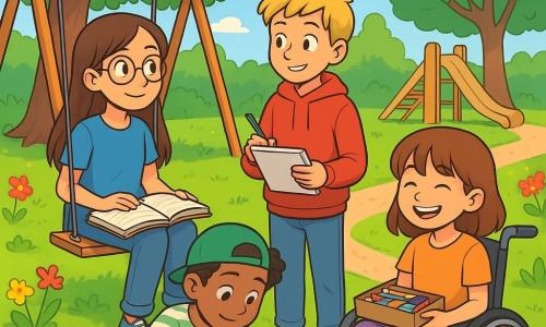 Quatre enfants se trouvent dans un parc : Léa, 11 ans, avec de longs cheveux bruns et des lunettes rondes, est assise sur une balançoire, un livre sur les genoux. Hugo, également 11 ans, a des cheveux blonds et porte un sweat-shirt rouge, il est debout à côté d'elle avec un carnet. Samir, 11 ans, avec des cheveux frisés et une casquette verte, est assis sur l'herbe, dessinant. Camille, 11 ans, avec des cheveux châtains et une frange, est dans un fauteuil roulant décoré, souriante avec une boîte de crayons. Le parc est verdoyant, avec des arbres et des fleurs, et une grande balançoire en bois au fond. Les amis discutent de leur projet sur la paix, entourés de dessins et de livres, unis dans leur quête contre la guerre.