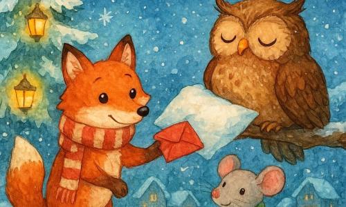 La nuit de Noël, dans un grand sapin enneigé d'un village éclairé par des lanternes dorées, Rémi le renard roux, écharpe rouge et crème, glisse discrètement une enveloppe rouge sous l'oreiller blanc d'Oscar, un grand hibou brun endormi sur la branche, tandis que Lili, une petite souris grise à l'écharpe verte, l'observe émerveillée.