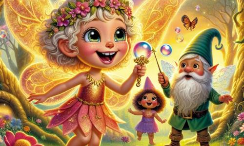 Zéphir, un petit être féérique aux grandes ailes chatoyantes, est au centre de l'image, souriant et pétillant d'excitation. Il tient une baguette à bulles ornée de feuilles dorées, prêt à souffler dans sa potion magique. À ses côtés, Lila, une lutine aux cheveux bouclés et vêtue de pétales de fleurs, le regarde avec admiration. Norbert, un gnome trapu avec une barbe touffue et un chapeau pointu, se tient derrière eux, affichant une expression déterminée tout en tenant fermement la baguette. Le décor est une clairière enchantée, entourée d'arbres majestueux et baignée par la lumière dorée du soleil couchant, avec des fleurs colorées et des papillons dansants. Zéphir souffle avec enthousiasme dans sa baguette, créant une bulle de savon géante, tandis que ses amis l'encouragent, tous captivés par le défi de réaliser la plus grande bulle de savon du monde.