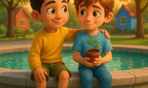Tom, garçon de 8 ans aux cheveux châtain clair en bataille et yeux noisette, porte un T-shirt bleu clair et un jean; il est assis à droite du bord d'une grande fontaine circulaire en pierre claire, serre contre sa poitrine une petite plante en pot vert et regarde son ami avec un sourire timide. Léo, garçon de 8 ans aux cheveux noirs courts et yeux verts, porte un sweat jaune et un short kaki; il est assis à gauche de Tom, le bras posé sur son épaule dans un geste rassurant, les jambes balançant au-dessus de l'eau. Scène dans un parc urbain lumineux en fin d'après-midi, ciel orange-rose, arbres à feuilles vert tendre, deux petites maisons colorées en arrière-plan, ambiance chaleureuse et douce, éclairage doré, couleurs saturées et textures lisses façon film d'animation 3D.