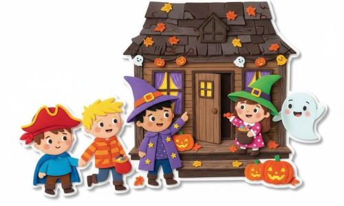 Cinq personnages : Thomas, garçon de 3 ans au visage rond, cheveux bruns courts, chapeau de pirate rouge et cape bleue, tenant la main de Max à la gauche du groupe ; Max, garçon de 4 ans, cheveux blonds en bataille, veste rayée orange, sac à bonbons rouge, au centre-gauche, en position d’avancer ; Léo, garçon de 5 ans, cheveux noirs, chapeau de sorcier violet pointu et manteau étoilé, au centre-droit, montrant la maison ; Mimi, fille d’environ 5 ans, petite sorcière avec chapeau vert pointu et robe à pois roses, sur le porche à droite, souriante et tendant un bonbon ; Gaston, petit fantôme rond et translucide au grand sourire, flottant derrière Mimi et saluant. Lieu : vieille maison d’Halloween au bout d’une rue pavée, porche en bois fissuré, marches de pierre couvertes de feuilles orange, citrouilles sculptées éclairant d’une lueur chaude, fenêtre à carreaux avec rideaux violets et porte en bois brun légèrement ouverte qui grince. Situation : de nuit, les trois enfants arrivent au porche et rencontrent Mimi et Gaston qui offrent des bonbons ; ambiance joyeuse et non effrayante aux couleurs chaudes (orange, violet, rouge) avec décorations d’Halloween, composition claire enfants à gauche, habitants à droite.
