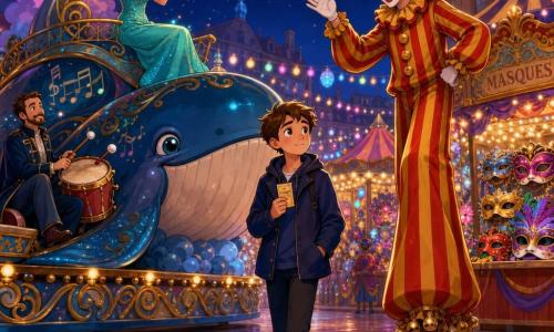 Un garçon de 12 ans, timide et émerveillé, cheveux châtains courts, veste bleu marine et ticket serré dans la main, avance au centre d’une place de carnaval nocturne illuminée, attiré par un petit tintement ; à sa droite un clown adulte sur échasses, maquillé et souriant, le salue, et à sa gauche un grand char-baleine musical porte une musicienne en robe turquoise jouant de la trompette et un musicien au tambour, tandis que pavés brillants, guirlandes multicolores, stands de masques et odeur de sucre forment une ambiance festive et colorée.