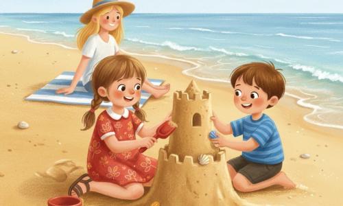 Une fillette de 4 ans en couettes et robe à fleurs rouge sculpte une grande tour de château de sable avec une petite pelle en plastique, un garçon de 4 ans, Lucas, cheveux courts brun et t‑shirt rayé bleu, accroupi à côté d’elle pose des coquillages sur la façade, une maman blonde aux cheveux lâchés et chapeau de paille, souriante, est assise sur une serviette rayée quelques pas derrière en regardant la mer ; plage large de sable doré avec quelques coquillages, petites vagues translucides reflétant le ciel pâle, au premier plan un seau rouge et une pelle verte et des empreintes d’enfants, ambiance estivale lumineuse aux couleurs saturées et contours doux rappelant le pastel gras.