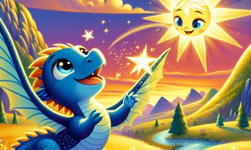 Un petit dragon nommé Lumy, aux écailles bleues, vole joyeusement dans le ciel, émerveillé par une étoile scintillante qui flotte à ses côtés. L'étoile, souriante et chaleureuse, encourage Lumy à explorer la liberté. Le décor est une colline dorée au coucher du soleil, avec des montagnes verdoyantes et un ruisseau scintillant. Lumy et l'étoile discutent entourés de fleurs dorées, créant une atmosphère de joie et de découverte, invitant les enfants à rêver.