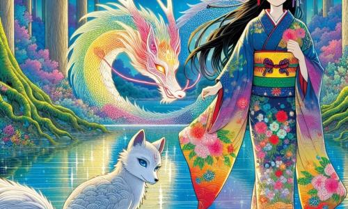 Hana, une jeune femme de 16 ans, se tient au bord d'un lac scintillant, ses longs cheveux noirs flottant dans le vent. Elle porte un kimono traditionnel aux motifs floraux et affiche une détermination lumineuse avec des yeux émerveillés. À ses côtés, Kitsune, un renard argenté aux yeux intelligents, l'observe avec sagesse. En arrière-plan, un dragon majestueux aux écailles chatoyantes émerge des eaux, illuminant la scène. Le lac, entouré d'arbres anciens, reflète le ciel étoilé, créant une atmosphère magique. Hana se prépare à écouter les conseils du dragon pour rétablir l'harmonie dans son village.