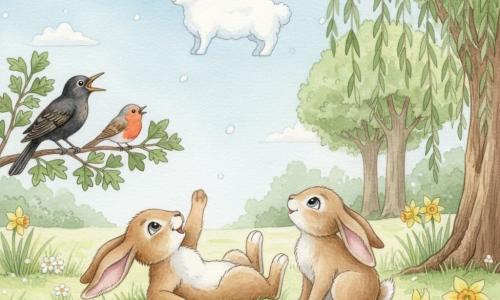 Noisette, un petit lapin brun tacheté, allongé sur le dos dans une clairière printanière, montre d'une patte un nuage en forme de mouton pendant que sa sœur Cerise, plus claire et curieuse, est assise à côté de lui et sourit; un merle chante sur une branche d'aubépine à gauche et un rouge-gorge les observe; herbe verte parsemée de primevères et jonquilles, grand saule à droite, chênes en arrière-plan, ciel bleu avec nuages moelleux; ambiance douce et paisible aux couleurs pastel et touches aquarelle.