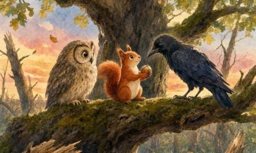 Léo, un petit écureuil roux au pelage soyeux, se tient calme et déterminé sur une branche, tenant une noisette comme symbole de paix ; un vieux hibou beige et gris, aux grands yeux ronds, le regarde soulagé à gauche, et un corbeau noir aux reflets bleutés, méfiant mais attendri, se tient à droite ; au centre, un vieux chêne au tronc large et aux branches mousseuses, entouré d'une forêt abîmée par la tempête, sous un ciel de coucher de soleil rose et bleu ; la scène, en style aquarelle aux couleurs chaudes et traits délicats, montre la fin d'une dispute et la réconciliation entre les animaux, évoquant paix et espoir malgré les cicatrices des branches.