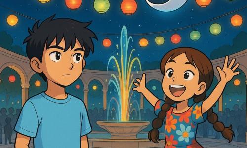 Il y a trois personnages : Noé, un garçon de 12 ans aux cheveux noirs en bataille et aux yeux gris, portant un t-shirt bleu clair et un short vert, observant la scène ; Lila, une fille de 12 ans avec de longues tresses brunes et un sourire éclatant, vêtue d'une robe colorée, sautillant joyeusement à côté de Noé ; et Orbi, un petit robot sphérique flottant avec une coque blanche et une ligne lumineuse bleue, surveillant la situation au-dessus de Lila. L'action se déroule sur la Place des Fontaines, un espace circulaire pavé, entouré de bassins scintillants et décoré de lampions translucides. Noé et Lila allument les lampions pour la Cérémonie des Couleurs, tandis qu'Orbi veille à la synchronisation des lumières, créant une atmosphère magique sous le ciel étoilé.