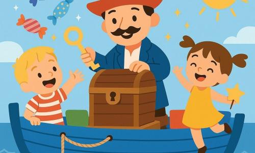 Un pirate souriant à visage rond, moustache fine, chapeau rouge pointu, veste bleue et bottines marron ouvre un grand coffre en bois sur le pont en tenant une clé dorée; à sa gauche un garçon d'environ six ans aux cheveux blonds courts et t-shirt rayé rouge et blanc rit en tendant la main vers des bonbons colorés, à sa droite une fillette d'environ cinq ans aux couettes brunes et robe jaune danse en tenant une étoile en papier doré; le petit bateau tout bleu a cordages simples et coussins colorés, la mer est calme à vagues rondes et un soleil jaune souriant brille au-dessus tandis que étoiles dorées et bonbons scintillent et flottent légèrement pendant qu'ils partagent et dansent sous un ciel clair.