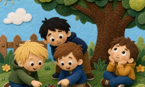 Quatre garçons : Léo (7 ans, cheveux bruns, pointant une coccinelle sur une grande feuille à sa droite), Tom (6 ans, cheveux blonds, à gauche de Léo, tend la main vers la coccinelle), Max (7 ans, cheveux noirs, penché derrière eux pour mieux voir) et Sam (5 ans, cheveux châtains, assis un peu plus loin sous l'arbre, regardant le ciel). Une coccinelle rouge vif à six points noirs est posée sur une feuille verte. Ils sont rassemblés sous un grand pommier dans un jardin au matin, herbe courte, quelques fleurs et une petite clôture en arrière-plan ; la scène est simple, colorée et tactile, avec textures visibles (feutrine, coutures) et un léger vent qui fait bouger les feuilles.