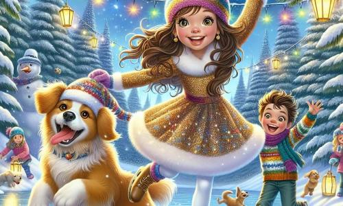 Lucie, 12 ans, danse sur la glace d'un lac enneigé, vêtue d'une robe étincelante et d'un bonnet coloré, son visage rayonnant de joie. À ses côtés, son frère Maxime, 10 ans, fait des mouvements comiques en riant. Leur golden retriever, Biscuit, court autour d'eux, heureux. Le paysage hivernal est féerique, avec des sapins couverts de neige et des lanternes colorées illuminant la nuit. En arrière-plan, un groupe d'enfants construit un bonhomme de neige. Lucie et Maxime célèbrent le Nouvel An sur la glace, entourés de rires et lançant des confettis pour le compte à rebours de minuit.