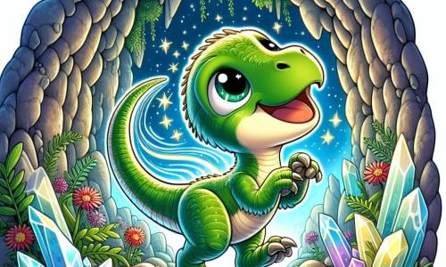 Un petit vélociraptor nommé Dino, avec des écailles vertes et des yeux curieux, explore une grotte mystérieuse, joyeux et émerveillé, prêt à sauter de joie. À l'entrée, un doux vent fait danser les feuilles, tandis que la grotte spacieuse présente des murs ornés de cristaux scintillants et des fleurs colorées à l'extérieur. Dino découvre son nouveau chez-lui, s'émerveillant des échos, avec un grand sourire sur le visage, prêt à s'endormir dans son nid douillet.