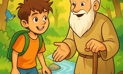 Un garçon de 12 ans, Élio, avec des cheveux bruns en bataille et des yeux curieux, se tient au bord d'une rivière scintillante. Son visage exprime émerveillement et détermination alors qu'il observe les reflets de l'eau. À ses côtés, Aldar, un vieil homme sage d'environ 70 ans, avec une longue barbe blanche et des vêtements usés, sourit en lui montrant le chemin. Ils se trouvent dans une clairière baignée de lumière dorée, entourée d'arbres majestueux. La rivière coule paisiblement, tandis que des oiseaux colorés volent au-dessus d'eux. Élio et Aldar discutent des leçons de la vie, Élio écoutant attentivement, prêt à apprendre et à découvrir son chemin.