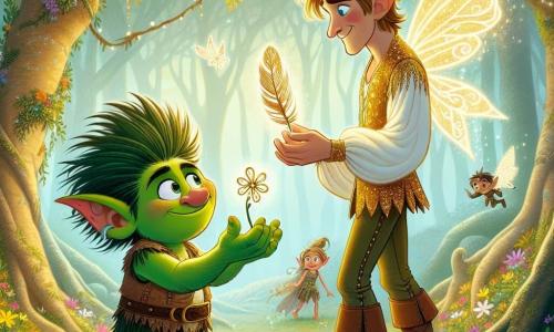 Au centre de l'image, un troll nommé Tom, avec une peau verte, des oreilles pointues et un grand sourire, tient la Plume de Paix avec émerveillement. Ses yeux brillent de joie, et il porte un petit sac en bandoulière rempli de fleurs colorées. À sa droite, un elfe aux cheveux dorés et aux yeux bleus, souriant, l'observe et lève la main en remerciement. En arrière-plan, une forêt enchantée avec des arbres aux feuilles dorées et argentées, et des petites fées lumineuses créent une ambiance magique. La scène illustre Tom découvrant la Plume de Paix dans une clairière, entouré de la magie de la forêt, tandis que l'elfe symbolise l'amitié et la rédemption.
