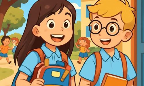 Une fille de 10 ans, Julie, avec de longs cheveux bruns et des yeux joyeux, porte un uniforme scolaire bleu clair. Elle sourit en tenant son sac d'école coloré rempli de fournitures, prête à entrer dans sa classe. À côté d'elle, son meilleur ami Lucas, un garçon de 10 ans aux cheveux blonds et lunettes rondes, l'encourage avec un sourire, tenant un livre sous son bras. La scène se déroule dans une cour d'école animée, entourée d'arbres et d'un ciel bleu. Julie et Lucas se dirigent vers la porte de la classe, impatients de retrouver leurs camarades pour une nouvelle année scolaire.