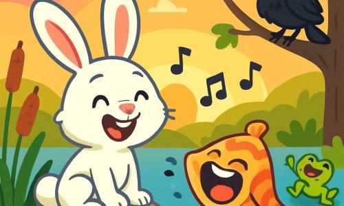 Un lapin nommé Léon, avec une fourrure blanche et de grandes oreilles, est assis sur un rocher au bord d'un marais. Il sourit joyeusement, tandis qu'un coquillage coloré à côté de lui chante faux avec une expression amusée. En arrière-plan, un vieux corbeau noir observe la scène. Le marais est rempli de nénuphars et de petites grenouilles, créant une ambiance festive. Léon et ses amis chantent, rient et dansent sous un ciel aux teintes dorées et roses.