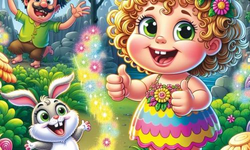 Une petite fille de 6 ans, Lila, avec des cheveux bouclés et dorés, des yeux curieux et un grand sourire, se tient au centre de l'image, levant des pouces brillants. Elle porte une robe colorée avec des fleurs et des sandales en paille. À côté d'elle, un lapin nommé Pipo, avec un pelage blanc et un petit chapeau de paille, saute de joie. En arrière-plan, un dragon maladroit avec des écailles vertes est coincé dans un buisson, affichant une expression amusée. Le décor est un royaume fantastique avec des arbres en bonbons et des fleurs éclatantes, tandis que le paysage autour reste en noir et blanc. Lila essaie de rassembler des éclats de couleurs dansantes, encouragée par Pipo et le dragon qui se débat dans le buisson.