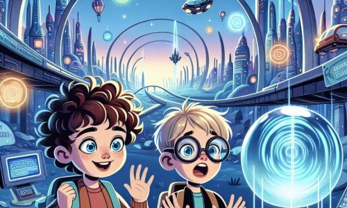 Lucas, un garçon de 11 ans aux cheveux frisés et aux yeux curieux, se tient au centre de Luminopolis, une ville futuriste, les bras écartés et souriant. À ses côtés, Emma, également âgée de 11 ans, avec des cheveux longs et des lunettes de protection, observe un hologramme flottant avec excitation. Le décor présente des bâtiments élancés scintillant sous un ciel bleu, des véhicules volants et des hologrammes colorés. Lucas et Emma découvrent un laboratoire mystérieux rempli de machines étranges et d'une sphère argentée lumineuse, prêts à vivre une aventure technologique.