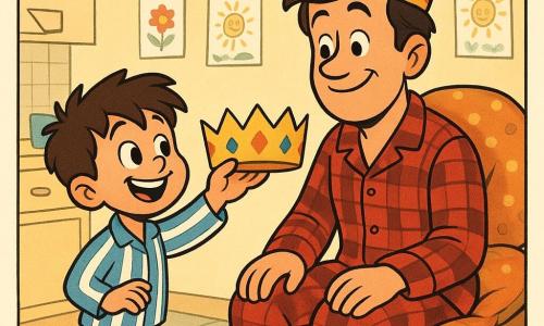 Léo, un garçon de 8 ans avec des cheveux bruns ébouriffés et des yeux pétillants, sourit en tenant une couronne en carton colorée. Il porte un pyjama à rayures bleues et blanches. À côté de lui, son père, Monsieur Martin, un homme d'une trentaine d'années avec des cheveux légèrement en bataille et un sourire chaleureux, est assis sur un trône de coussins, portant la couronne offerte par Léo. Il est habillé d'un pyjama à carreaux rouges. La scène se passe dans une cuisine lumineuse, décorée de guirlandes en papier et de dessins d'enfants. Sur la table, un petit-déjeuner de pancakes en forme d'étoiles est disposé. La situation montre Léo offrant la couronne à son père, capturant un moment de complicité et de bonheur familial.