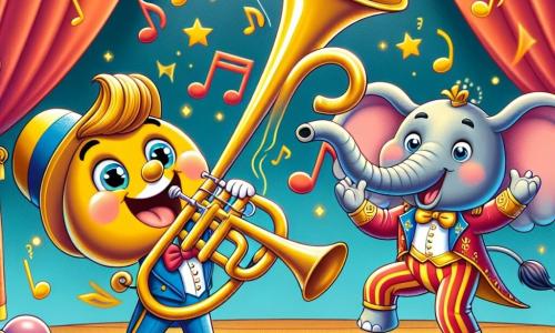Marcel, une trompette en laiton avec des yeux pétillants et un large sourire, joue joyeusement une mélodie sur scène, entouré de notes de musique colorées. À ses côtés, Dario, un acrobate en costume pailleté, effectue une pirouette, prêt à applaudir son ami. Un peu plus loin, Balthazar, un éléphant majestueux, jongle avec des balles multicolores, affichant une expression amusée. Le chapiteau du Cirque des Merveilles, aux couleurs vives de rouge et blanc, est décoré de guirlandes scintillantes et de lumières éclatantes, créant une ambiance féerique. Des spectateurs émerveillés applaudissent et rient, assis sur des chaises en bois, tandis que des ballons flottent dans l'air. La scène montre Marcel jouant sur scène, entouré d'artistes, créant un moment magique où musique et magie se rencontrent, captivant le cœur des spectateurs.