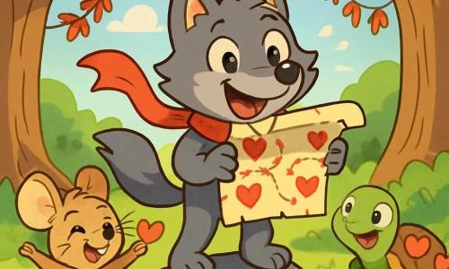 Petit Loup, un jeune loup aux yeux pétillants et au pelage gris, sourit en tenant une carte au trésor décorée de cœurs. Il est sur un rocher, entouré de fleurs colorées, avec son écharpe rouge flottant au vent. Biscotte, une petite souris aux grandes oreilles et au pelage brun clair, saute de joie à ses côtés, tenant un petit cœur en papier. Gribouille, une tortue au carapace ornée de motifs en forme de cœur, se trouve derrière eux, affichant une expression curieuse. La scène se déroule dans la clairière du Vieux Chêne, avec des arbres majestueux et des guirlandes de feuilles rouges. Petit Loup annonce le début de la chasse au trésor de la Saint-Valentin, entouré de ses amis, prêts pour une aventure pleine de rires.