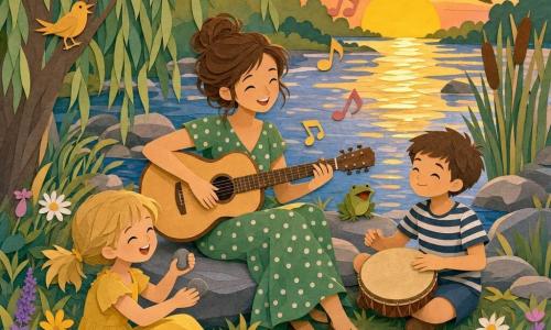 Lina, musicienne au sourire doux, châtain en chignon flou et robe verte à pois, est assise sur un rocher au bord d’une rivière printanière en train de gratter une guitare en bois clair; à sa droite Timothée, ~9 ans, t-shirt rayé, joue doucement d’un petit tambour, et devant elles Léa, ~7 ans, en robe jaune et couettes blondes, fait tinter des galets dans l’herbe verte parsemée de fleurs sauvages; décor de berge avec rochers lisses, roseaux et un saule pleureur à gauche, eau scintillante aux reflets dorés du couchant, ambiance joyeuse et intime d’un petit concert improvisé, avec notes de musique, grenouilles et oiseaux stylisés en silhouettes découpées et textures papier superposées aux bords ciseaux visibles.
