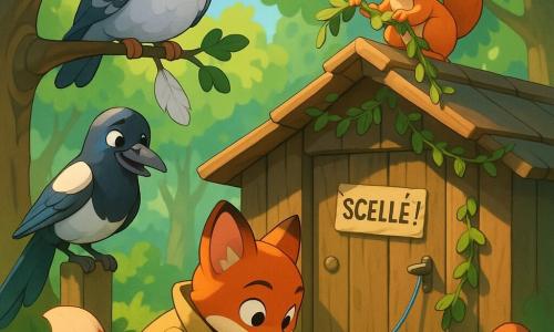 Léo, petit renard roux au museau blanc et à la queue touffue, porte un imper beige trop grand, tient un carnet spirale et un crayon et, accroupi devant la porte en bois d’une cabane, examine une ficelle bleue nouée à un gland doré marquant le scellé de la salle de réunion; Alba, colombe blanche et grise, perchée sur une branche au‑dessus de la cabane, paraît timide en tenant une plume blanche; Rosalie, pie noir et blanc aux reflets bleutés, sourit malicieusement sur un poteau avec un petit miroir; Lila, écureuil orange aux yeux pétillants, est sur le toit avec une guirlande de feuilles; la clairière du Bois‑des‑Songes est lumineuse, herbe verte et fleurs, champignons rouges et arbres noueux, et l’ambiance est douce et rassurante pour cette enquête matinale amicale.