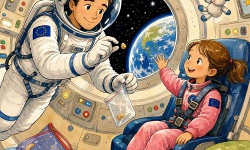 Un astronaute d'une trentaine d'années au visage doux et souriant, casque blanc brillant et combinaison blanche à liserés bleus, flotte légèrement en attrapant une miette qu'il glisse dans un petit sachet transparent; à sa droite, Sara, 7 ans, cheveux châtains en couette et combinaison spatiale rose, est assise et attachée, sourit et fait signe vers le hublot; la cabine ronde aux cloisons crème, boutons colorés et coussins moelleux montre par le hublot une Terre bleue et verte et un ciel étoilé; des objets légers flottent (stylo, jouet, sac) et les lumières douces créent une ambiance tendre, calme et rassurante.