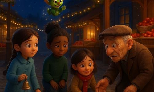 Six personnages dans une rue pavée de marché la nuit devant une boutique aux volets bleus décorée pour Noël : Lila (≈9 ans, nattes brunes, manteau bleu ciel) tient une petite clochette en laiton à gauche en regardant le centre; Anouk (≈9 ans, carré blond, veste rouge) est accroupie à gauche en ramassant des pommes; Maly (≈9 ans, chignon noir, pull vert) se tient au centre, gênée, près d’une pile de pommes renversées; Zoé (≈9 ans, châtain, en fauteuil roulant, écharpe à pois) est à droite du centre, tendant la main pour aider; Monsieur Grinchelot (≈70 ans, manteau marron, casquette plate) est penché devant une caisse de pommes tombées, l’air surpris qui se détend; un petit lutin vert au bonnet rayé vole près d’un lampadaire en riant et applaudissant, laissant des étoiles. L’éclairage chaud des lampadaires contraste avec le ciel bleu nuit, étals en bois, paniers et guirlandes; atmosphère chaleureuse, légèrement comique, scène de pagaille après une farce où les enfants aident à réparer les dégâts.