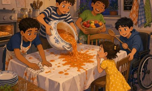 Cinq enfants dans une petite cuisine chaleureuse : Samir (≈12 ans, cheveux bruns courts, t-shirt rayé) tient une grande soupière fumante qui bascule au centre de la table; Lina (6 ans, petites couettes, robe jaune à pois) est au premier plan à droite, sur la pointe des pieds, main devant la bouche; Nassim (10 ans, peau mate, tablier taché) essuie la nappe à gauche; Yanis (10 ans, cheveux bouclés, t-shirt vert) tient un saladier de fruits en riant derrière la table; Ilyès (10 ans, cheveux noirs, en fauteuil roulant à l’arrière-droite) tend une chaise et une grande cuillère en bois vers Lina; la nappe blanche est tachée d’une grosse éclaboussure orange, la lumière du crépuscule filtre par une fenêtre basse, étagères et four ouvert complètent la scène tandis que les enfants, inquiets mais solidaires, s’activent pour nettoyer.