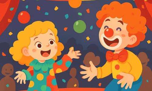 Une petite fille de 4 ans, aux cheveux bouclés et dorés, porte un costume de clown coloré avec des pois multicolores. Elle sourit joyeusement en jonglant avec des balles colorées, certaines s'échappant de ses mains. À ses côtés, Rigolino, un clown jovial d'environ 30 ans avec un nez rouge et une grande perruque bouclée, rit en essayant d'attraper une balle. Ils sont sous un grand chapiteau aux rayures rouges et jaunes, rempli de lumières scintillantes et de spectateurs émerveillés. La scène dégage une ambiance festive avec des confettis flottant dans l'air et des rires résonnant autour d'eux.