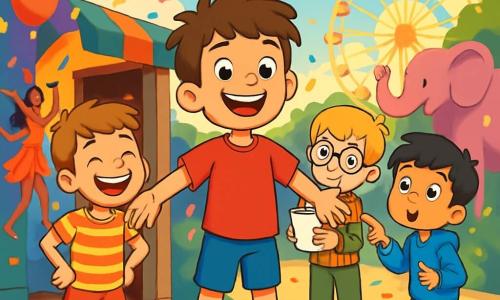Quatre enfants se tiennent sur une place centrale animée. Léo, 10 ans, avec des cheveux bruns en bataille et un t-shirt rouge, est au centre, enthousiaste. Max, 9 ans, avec des lunettes et une chemise à carreaux, est en retrait avec un carnet. Tom, 10 ans, à gauche de Léo, rit avec un t-shirt rayé, tandis qu'Hugo, 9 ans, à droite, pointe vers un éléphant rose. La place est décorée de guirlandes et de ballons, avec des artistes dansants et des confettis. Ils découvrent un passage secret derrière une échoppe, prêts à entrer dans un monde fantastique rempli d'animaux extraordinaires.