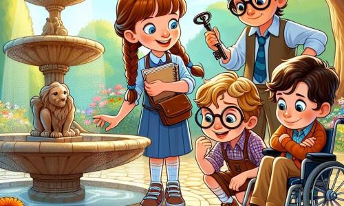 Dans un parc ensoleillé, quatre amis enquêteurs se tiennent près d'une vieille fontaine. Max, un garçon de 10 ans aux cheveux bruns en désordre, examine un objet brillant au sol. Inès, une fille de 9 ans avec des cheveux tressés et des lunettes, observe une clé qu'elle a trouvée. Simon, un garçon de 10 ans avec des lunettes épaisses, se tient debout, les bras croisés, prêt à faire une blague. Lucas, également âgé de 10 ans et en fauteuil roulant, sourit en tenant un carnet. Le parc est fleuri, et la fontaine murmure doucement, ajoutant une touche de magie. Les enfants cherchent à résoudre le mystère de la clé, espérant découvrir un trésor caché, leurs visages illuminés par l'excitation de l'aventure à venir.